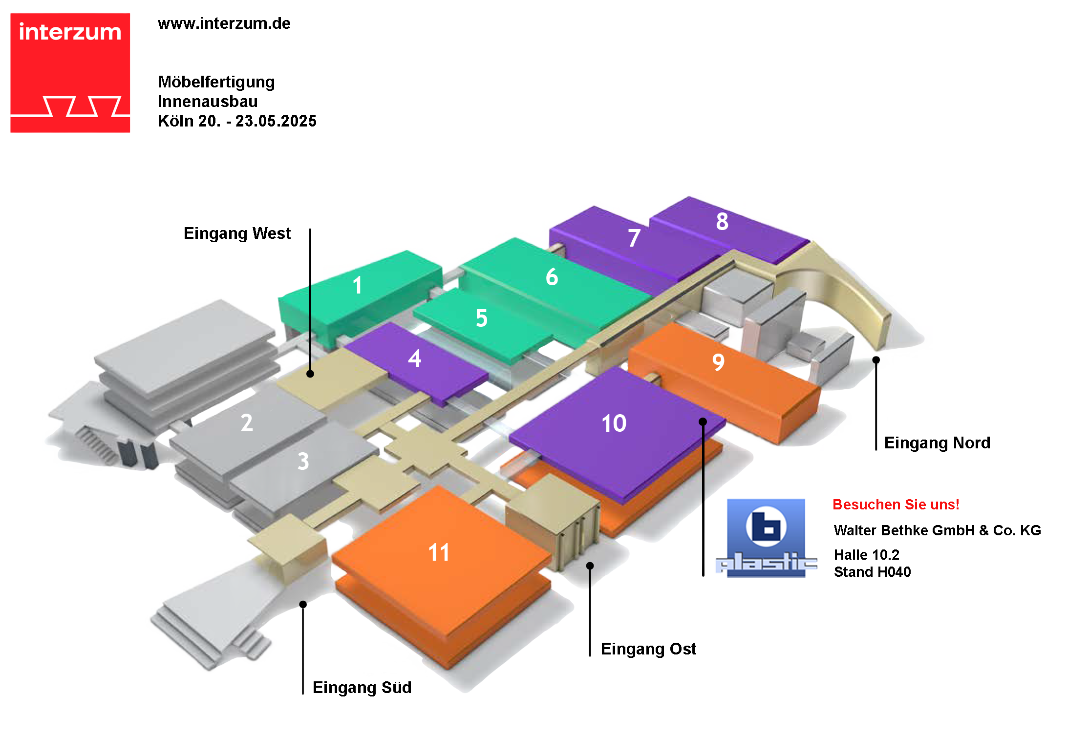 Schematische Darstellung des Messegeländes der interzum mit Angabe der verschiedenen Eingänge und einer Durchnummerierung der Hallen von 1 - 11. Die Darstellung enthält Angaben der Firma Walter Bethke mit Halle und Standnummer.