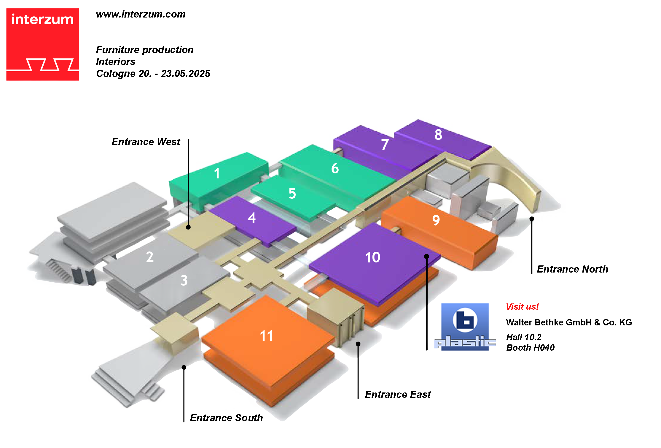 Schematic representation of the interzum exhibitio centre with details of the various entrances and a numbering of the halls from 1 - 11. The illustration contains details from the Walter Bethke company with hall and booth numbers.